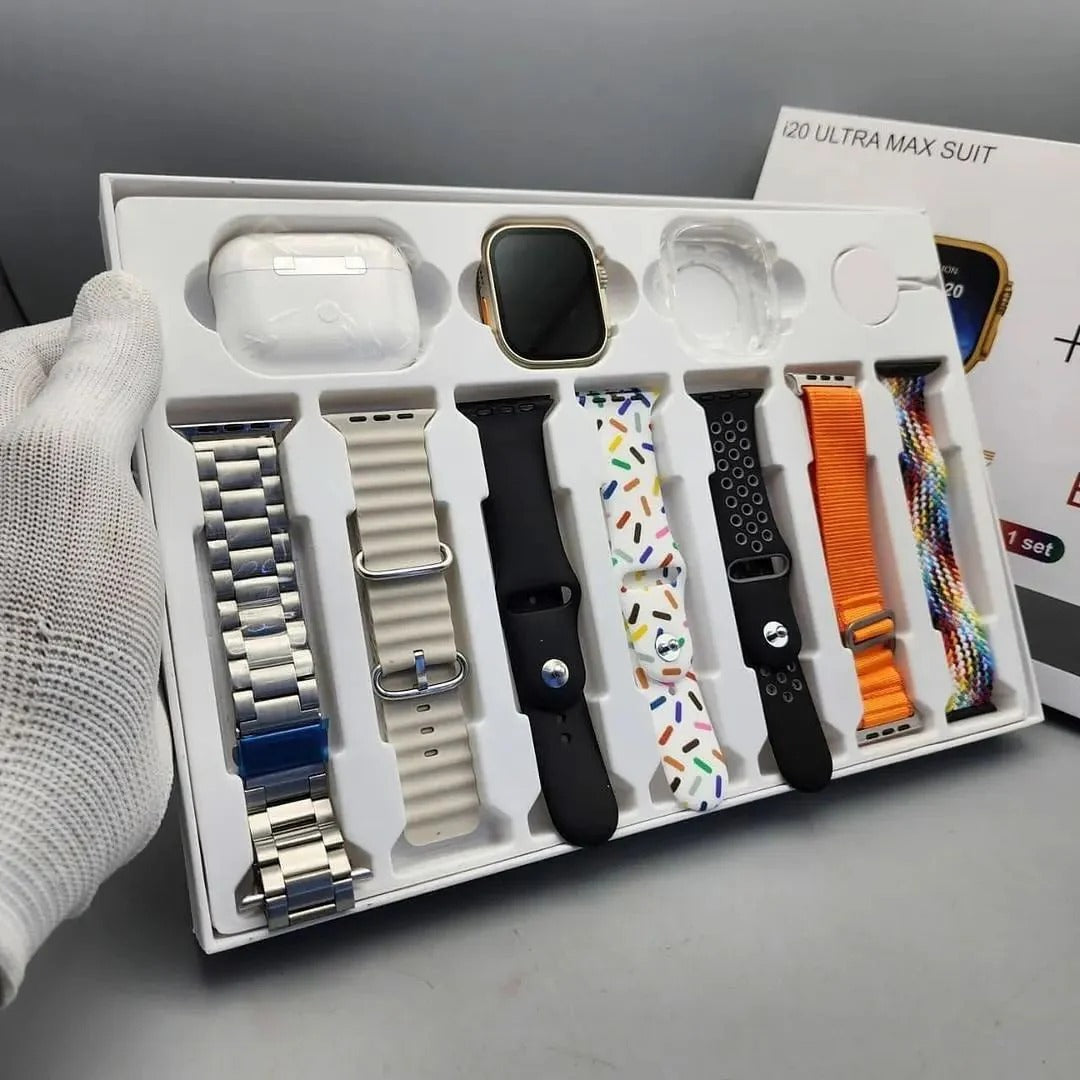 I20 Ultra Max Smart Watch with AirPods – 10-in-1 Premium Combo