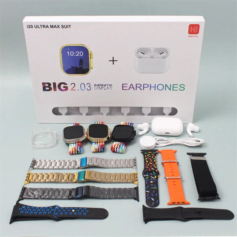 I20 Ultra Max Smart Watch with AirPods – 10-in-1 Premium Combo